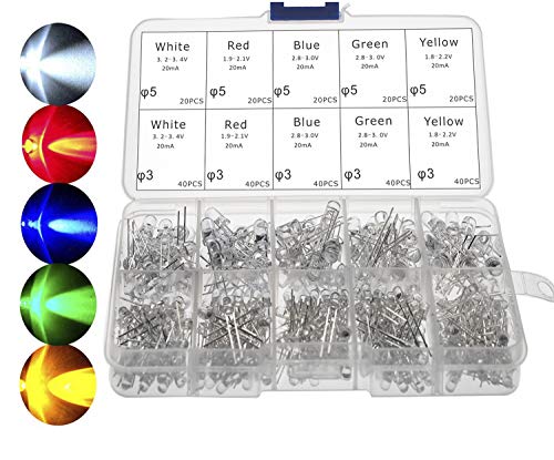CO-RODE 300 Stück 3mm LED Diode, LED-Leuchtdioden 5mm Sortiert Klare Runde Rot Grün Blau Gelb Weiß (5 Farbe) von CO RODE