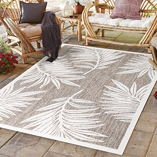 CC Teppich In-Outdoor Wetterfest - Beige Weiß - 100x200cm - Pflanzen Muster - Wetterfeste Balkonteppiche Terrassen Teppiche von COACH