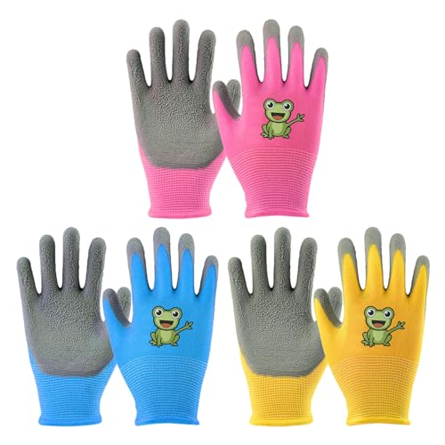 COACOM 3 Paar Gartenhandschuhe Für Kinder, Rutschfeste Schutzhandschuhe, Niedliche Handschuhe Mit Cartoon-Froschmuster, Universalhandschuhe Für Mädchen Und Jungen (Gelb, Rosa, Blau). von COACOM