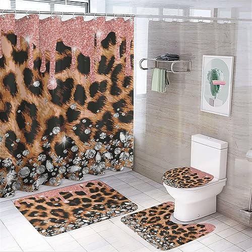 COALHO 4-teiliges Badezimmer-Deko-Set mit abstraktem Leopardenmuster, modern, glitzernd, gestreift, Wildtier-Leopardenmuster, Duschvorhang mit Teppich, 12 Haken, 183 x 183 cm von COALHO