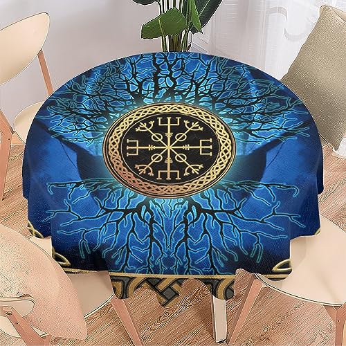 COALHO Abstrakte Retro-Wikinger-Heimdekoration, runde Polyester-Tischdecke, coole nordische Mythologie, mystisches Symbol, Wikinger für Bankett, Tisch, Geburtstag, Party, Buffet, Hochzeit, 92 x 92 cm von COALHO