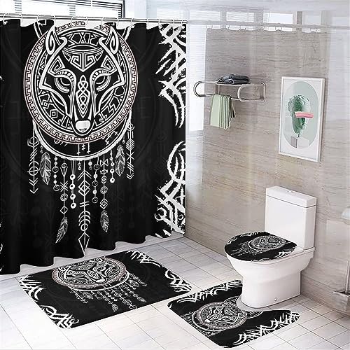 COALHO Abstrakte Wikinger 4-teiliges wasserdichtes Duschvorhang-Set, Vintage, Mitte des Jahrhunderts, mystisches Symbol, Wolf-Design, mit wasserdichtem Toilettenbezug, Duschmatte, Teppiche, 183 x 183 von COALHO