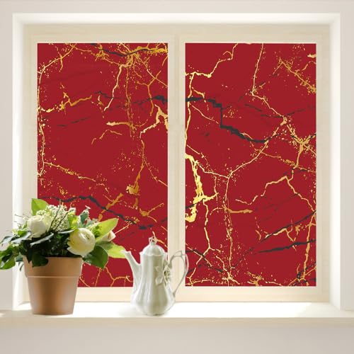 COALHO Abstrakte moderne Kunst Roter Marmor Home Fensterfolie Rustikal Luxus Rot Goldener Marmor Geeignet für Wohnzimmer, Küche, Bad - 60 B x 200 L cm, 2 Stück von COALHO