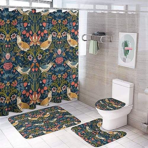 COALHO Abstrakter William Morris Druck 4-teiliges Badezimmer-Deko-Set Aquarell Vintage Blumen Vogel Kunst Duschvorhang mit Teppich 12 Haken, 183 x 183 cm von COALHO