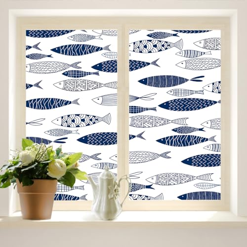 COALHO Abstrakter nautischer Fisch-Fensterdruck, Vintage-Aquarell, Blau, Unterwassertiere, Fische, geeignet für Wohnzimmer, Küche, Bad, 60 B x 90 L cm, 2 Stück COALHO Abstrakter nautischer Fisch-Fensterdruck, Vintage-Aquarell, Blau, Unterwassertiere, Fische, geeignet für Wohnzimmer, Küche, Bad, 60 B x 90 L cm, 2 Stück von COALHO