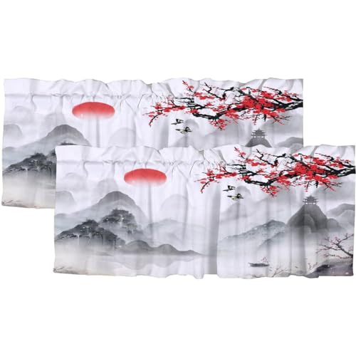 COALHO Asiatische japanische isolierte kurze Vorhänge, Fensterbehandlungen, Vintage-Kirschblüte, Berge, rote Sonne, Tintendruck, für Wohnzimmer, Schlafzimmer, Badezimmer, 138 x 46 cm (L x B x H), 2 von COALHO