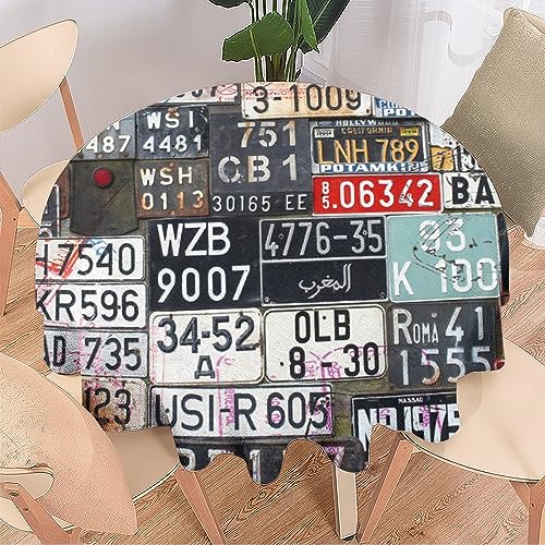 COALHO Auto-Kennzeichen Wohnkultur Runde Polyester-Tischdecke Druck Abstrakt Indianer Vintage Nummernschild Design für Bankett Tisch Geburtstag Party Buffet Hochzeit - 153 x 153 cm von COALHO