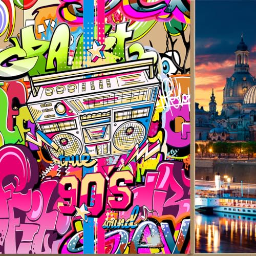 COALHO Bunte Graffiti 80er 90er Jahre Sichtschutz Verdunkelung Fensterfolie Mode Radio Boombox Fotografie Mode Stil Wiederverwendbare selbstklebende isolierte Fensteraufkleber - 90 B x 200 L cm x 1 von COALHO