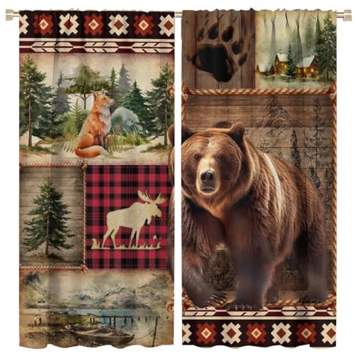 COALHO Cabin Plaid Jagdthema Bär Vorhänge Rustikaler Wald Fuchs Elch Hütte Holz Brett Fenster Vorhänge Verdunkelungsvorhänge Wärmeisoliert Stangentaschenvorhang für Schlafzimmer - 2 Paneele 213,4 cm L von COALHO