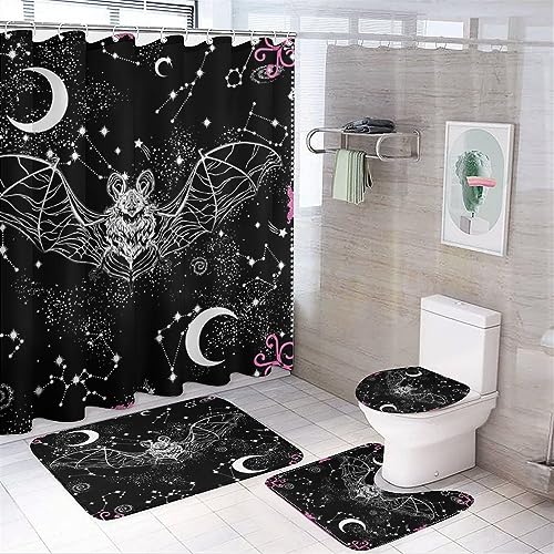 COALHO Fantasy Black Constellation Moon Creative Badezimmer Duschvorhang Set abstrakt handgezeichnet Wildtiere Fledermaus rutschfest wasserdicht Badematte Toilettenvorleger Teppiche, 183 x 183 cm von COALHO