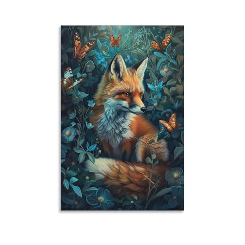 COALHO Fantasy Wald Fuchs Schmetterling Leinwand Poster Wandkunstdrucke Aquarell Frühling Blumen Dschungel Wildlife Fuchs Malerei Poster Drucke Wandbild, 60 x 90 cm (B x L), ungerahmt von COALHO