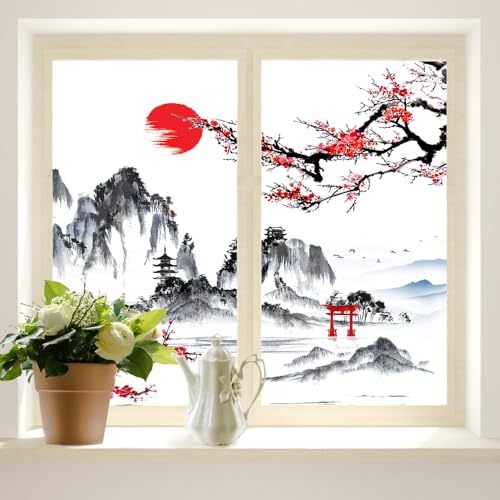 COALHO Fensterfolie im japanischen Vintage-Stil, UV-blockierend, abstrakte Tinte, japanische Landschaft, Torii, Torii, Fensterschutz, statisch, dekorative Fensteraufkleber, 45 x 60 cm, 2 Stück von COALHO