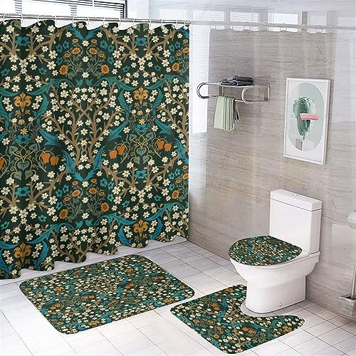 COALHO Mid Century Vintage Daisy 4-teiliges wasserdichtes Duschvorhang-Set grüne Gartenblume William Morris abstrakte Kunst mit wasserdichtem Toilettenbezug, Duschmatte, Teppiche, 183 x 183 cm von COALHO