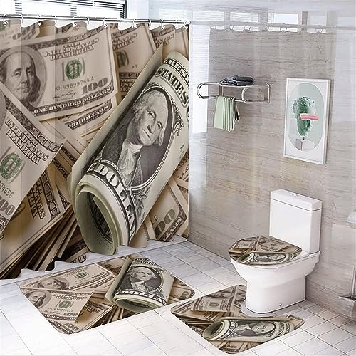 COALHO Modernes Badezimmer-Deko-Set mit Gelddruck, lustiges US-Geld, 100-Dollar-Geldschein-Thema, Duschvorhang, Duschvorhang mit Teppich, 12 Haken, 183 x 183 cm, 4-teilig von COALHO