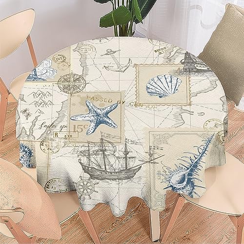 COALHO Nautische Küstendekoration Runde Polyester-Tischdecke Vintage Segelboot Seepferdchen Seestern Leuchtturm Anker Druck für Bankett Tisch Geburtstag Party Buffet Hochzeit - 153 x 153 cm von COALHO