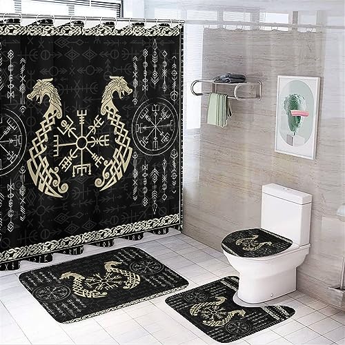 COALHO Norse Vikings Badezimmer-Deko-Set, abstrakter Drache, Retro, mystisches Symbol, Kompass, Duschvorhang mit Teppich, 12 Haken, 183 x 183 cm, 4-teilig von COALHO