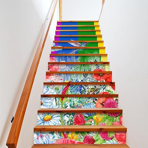 COALHO Regenbogen Holz Frühling Floral Selbstklebend Wasserdicht Treppenerhöhung Treppe Rustikale Aquarell Schmetterling Blumen Bauernhaus für Innen- und Außentreppe 100 cm x 18 cm x 1 Set von COALHO