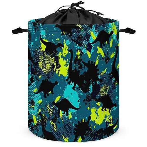 COALHO Retro Camouflage Dinosaurier Freistehend Wasserdicht Wäschekorb, Aquarell Dinosaurier Graffiti Dinosaurier Schwarz Silhouette Freistehend Wasserdicht Wäschekorb 35W x 35L x 44H cm von COALHO