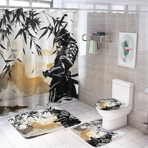 COALHO Retro Japanisches kreatives Badezimmer-Duschvorhang-Set, Aquarell, japanische Landschaft, Samurai, Bambusdruck, rutschfest, wasserdicht, Badematte, WC-Vorleger, 183 x 183 cm von COALHO