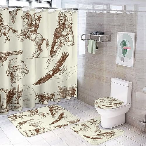 COALHO Retro West Cowboy Kreatives Badezimmer Duschvorhang Set Rustikal Bauernhaus Stamm Wild West Cowboy Element Adler Pferd Rutschfest Wasserdicht Badematte Toilettenvorleger Teppiche 183 x 183 cm von COALHO