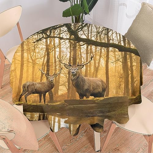 COALHO Rustikale Hütte Hirsch, Heimdekoration, runde Polyester-Tischdecke, Vintage-Jagd-Thema, Bauernhaus, Herbst, Wald, Wildtiere, Hirsch, für Bankett, Tisch, Geburtstag, Party, Buffet, Hochzeit, 178 von COALHO