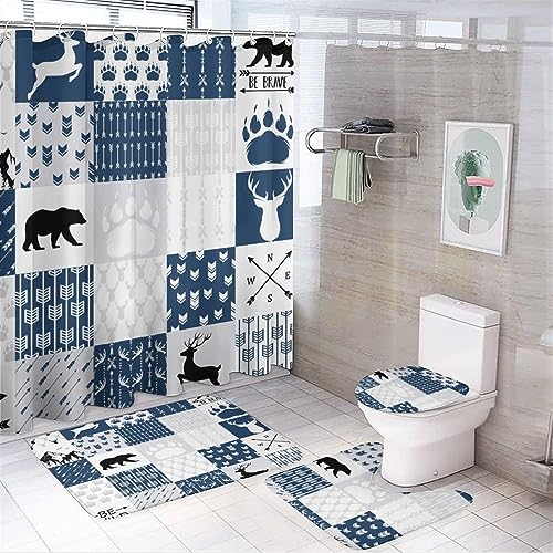 COALHO Rustikaler Hirschbär 4-teiliges wasserdichtes Duschvorhang-Set Retro Hütte Jagd Thema Wald Wildtiere blau kariert mit wasserdichtem Toilettenbezug Duschmatte Teppiche, 183 x 183 cm von COALHO