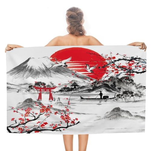 COALHO Rustikales Strandtuch für Erwachsene, Fuji, Rot, 139 x 78 cm, Vintage-Tinte, japanische Kirschblüte, Torii, Kranich, Strandtuch, leicht, schnell trocknend, saugfähig von COALHO