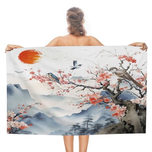 COALHO Schönes japanisches Strandtuch mit Frühlingsvogel und Blumen, für Erwachsene, übergroß, 130 x 78 cm, Aquarell, Naturlandschaft, Japan, rote Sonne, Kirschblüten, Strandtuch, leicht, schnell COALHO Schönes japanisches Strandtuch mit Frühlingsvogel und Blumen, für Erwachsene, übergroß, 130 x 78 cm, Aquarell, Naturlandschaft, Japan, rote Sonne, Kirschblüten, Strandtuch, leicht, schnell von COALHO