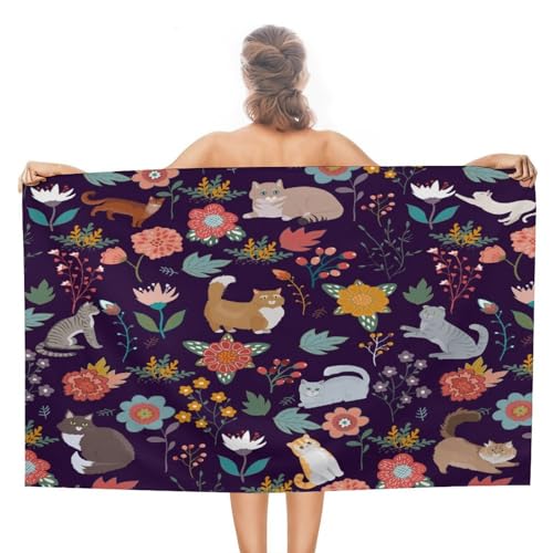 COALHO Strandtuch mit niedlichem Katzen-Motiv, extra groß, moderner Frühlingsgarten, Blumenblätter, Haustier, Katze, Strandtuch für Erwachsene, Schwimmen, Sport, Fitnessstudio, Hotel, Pool, Handtuch - COALHO Strandtuch mit niedlichem Katzen-Motiv, extra groß, moderner Frühlingsgarten, Blumenblätter, Haustier, Katze, Strandtuch für Erwachsene, Schwimmen, Sport, Fitnessstudio, Hotel, Pool, Handtuch - von COALHO