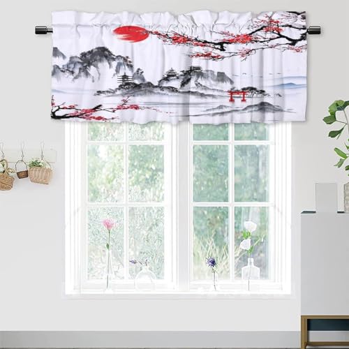 COALHO Vintage Aquarell Japanisch Isolierte Kurze Vorhänge Fensterbehandlungen, Stil Abstrakte Tinte Japanische Landschaft Torii Tor Für Wohnzimmer, Schlafzimmer, Badezimmer 138L x 46W cm (1 Stück) von COALHO