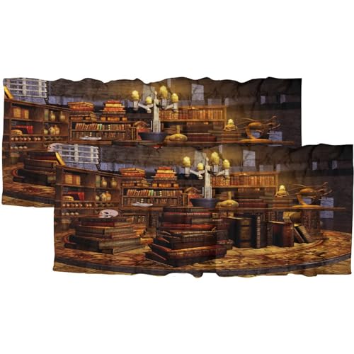 COALHO Vintage Holz Bücherregal Isolierte Kurze Vorhänge Fenster Behandlungen, Retro Antik Buch Schädel Geheimraum Horror Kunst Für Wohnzimmer, Schlafzimmer, Badezimmer 138L x 46W cm (2 Stück) von COALHO