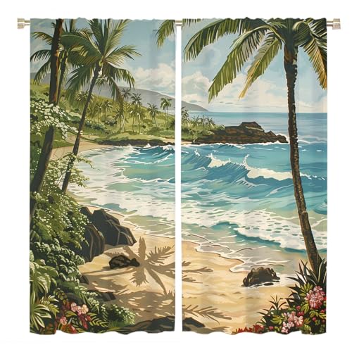 COALHO Vorhänge im Vintage-Stil, Sommer, Strand, Palmen, rustikal, tropischer Ozean, Küstenwald, Blumenmuster, grüne Blätter, Fensterbehandlung, Verdunkelungsvorhänge, wärmeisoliert, COALHO Vorhänge im Vintage-Stil, Sommer, Strand, Palmen, rustikal, tropischer Ozean, Küstenwald, Blumenmuster, grüne Blätter, Fensterbehandlung, Verdunkelungsvorhänge, wärmeisoliert, von COALHO