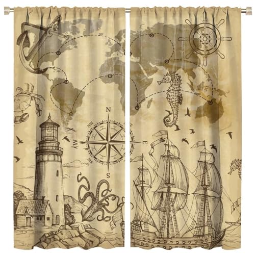 COALHO Vorhänge im Vintage-Stil, nautischer Leuchtturm, Anker-Vorhänge, rustikaler alter Ozean, Piratenschiff, Ruder, Kompass, Fenstervorhänge, Verdunkelungsvorhänge, wärmeisoliert, COALHO Vorhänge im Vintage-Stil, nautischer Leuchtturm, Anker-Vorhänge, rustikaler alter Ozean, Piratenschiff, Ruder, Kompass, Fenstervorhänge, Verdunkelungsvorhänge, wärmeisoliert, von COALHO