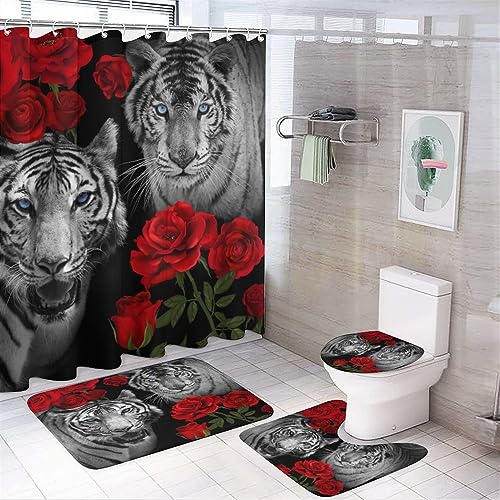 COALHO Weißer Tiger Kreatives Badezimmer-Duschvorhang-Set, cooler Wald, Wildtier, Tiger, rote Rose, Blumenmuster, rutschfest, wasserdicht, Badematte, WC-Vorleger, Teppiche, 183 x 183 cm von COALHO