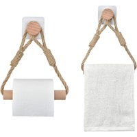 2er Set Toilettenpapierhalter ohne Bohren, Handtuchhalter aus Vintage Seil und Holz, Klebehalter für Toilette, Badezimmerdeko im Industrie- und von COAVAS