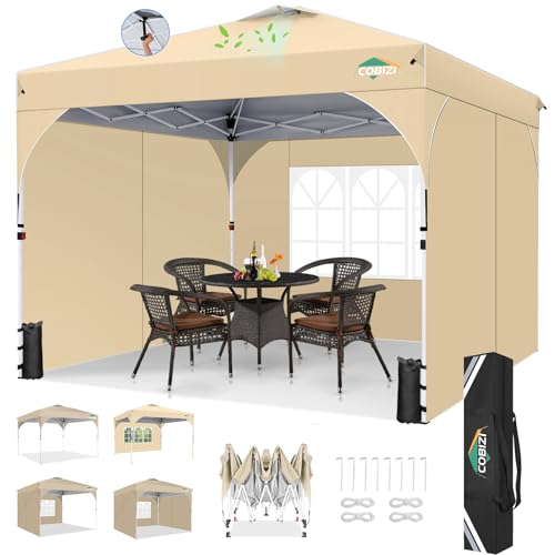 COBIZI Faltpavillon 3x3m Wasserdicht Stabil Winterfest mit UV-Schutz 50+ | Höhenverstellbarer Pop Up Pavillon mit Entlüftung & 3 Seitenteilen | Inkl. 4 Sandsäcke für Camping, Strand & Festival Khaki von COBIZI