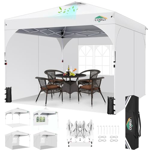 COBIZI Pavillon 3x3 Wasserdicht Stabil Winterfest Faltpavillon Gartenpavillon Partyzelt Pop Up Pavillon Klappbar UV Schutz 50+ Höhenverstellbar mit Entlüftung & 3 Stoffstücken&4 Sandsäcke，Weiß von COBIZI