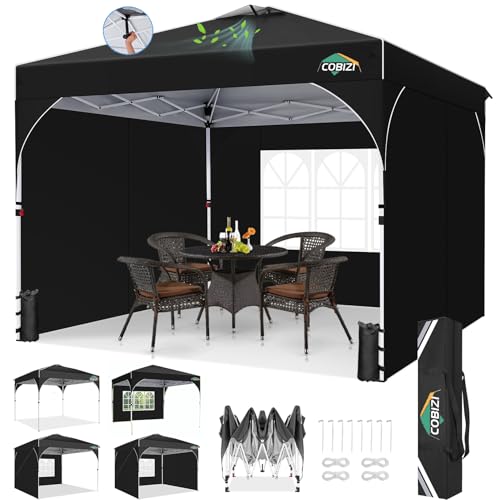 COBIZI Pavillon 3x3 Wasserdicht Stabil Winterfest Faltpavillon Gartenpavillon Partyzelt Pop Up Pavillon Klappbar UV Schutz 50+ Höhenverstellbar mit Entlüftung & 3 Stoffstücken&4 Sandsäcke，Schwarz von COBIZI