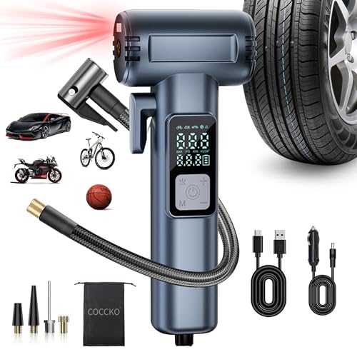 COCCKO Kompressor Auto – Elektrische Luftpumpe mit Akku, 150 PSI, 5 Modi für Auto, Fahrrad, Motorrad & Ball, LED-Licht, SOS-Notfall, USB-C Aufladung, Mini & tragbar, mit LCD-Display & Doppelzylinder von COCCKO