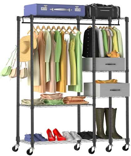 Kleiderständer, robuster Kleiderständer mit 6,3 cm Rädern, tragbarer Schrank mit Regalen, Kleider-Organizer und Aufbewahrung mit seitlichen Haken, freistehender Metall-Kleiderständer zum Aufhängen von Kleiderständer, robuster Kleiderständer mit 6,3 cm Rädern, tragbarer Schrank mit Regalen, Kleider-Organizer und Aufbewahrung mit seitlichen Haken, freistehender Metall-Kleiderständer zum Aufhängen von von COCOBELA