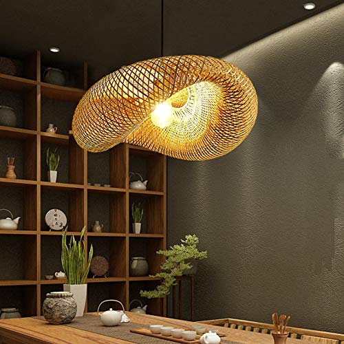 COCOL Retro Bambus Pendellampe Land Bambus Gewebte Lampe Handgewebte Hängelampe Bambus Rattan E27 Pendelleuchte Höhenverstellbare Villa Schlafzimmer Korridor Beleuchtung Dekoration Kronleuchter,100cm von COCOL