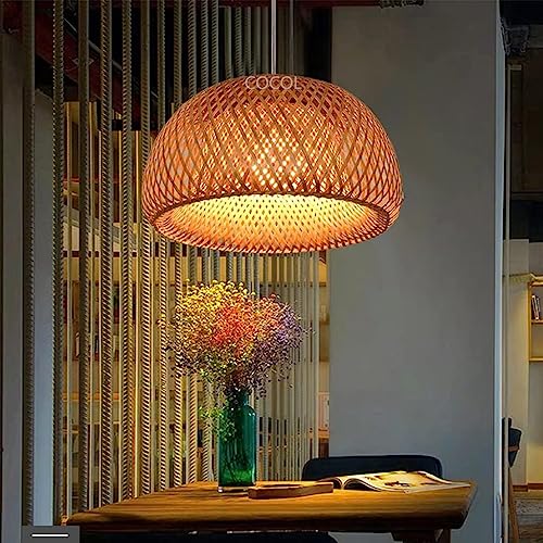 Retro E27 Deckenleuchte Rattan Lampenschirm Bambus Lampe Vintage Deckenlampe Kreativer Bambus Esszimmer Schlafzimmer Hängeleuchte Wohnzimmer Dekoration Kaffee Bar Hängelampe,38cm von COCOL