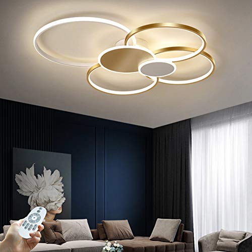 LED Deckenleuchte Kreative Ring Deckenlampe Dimmbar Mit Fernbedienung Deckenlicht Eisen Acryl Material Schlafzimmer Wohnzimmer Beleuchtung Dekorative Lampe 3000K-6000K,Gold,L100*W86*H10cm… von COCOL