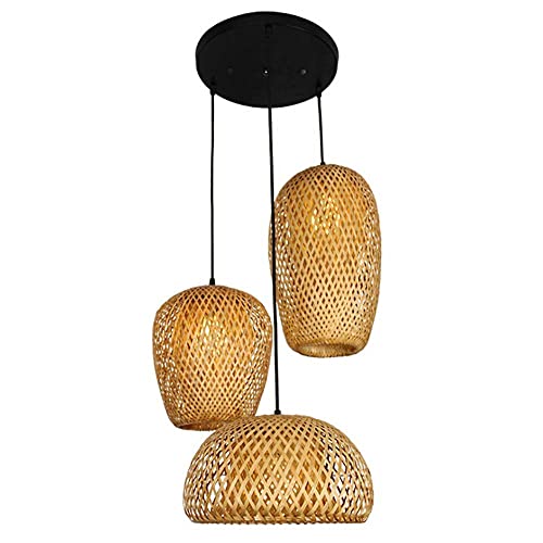 Pendelleuchten 3-Flammig Hängeleuchte Vintage Bambus Hängelampe Natural Rattan Kronleuchter E27 Höhenverstellbar Hängelampe Dining Table Kronleuchter Wohnzimmer Esszimmer Beleuchtung Kronleuchter von COCOL