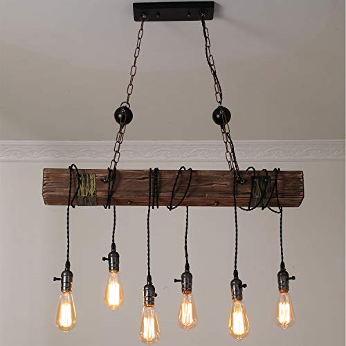 Retro Hängelampe Vintage Industrie Pendellampe Massivholz E27 * 6 Hängeleuchte Höhe Verstellbare Esszimmer Bar Wohnzimmer Beleuchtung Kronleuchter Deckenlampe Schlafzimmer Dekorative Leuchte L80cm von COCOL
