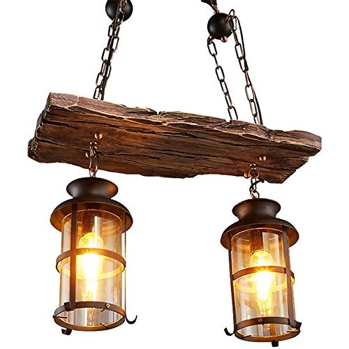 Vintage Industrial Metall Pendelleuchte Leuchte Holz Kronleuchter Style Retro Deckenleuchte Schwarzer Lampenschirm Einstellbare Kettenlänge Aus Eisenglas 2-Lights Dachboden Restaurant Bar Café Style von COCOL