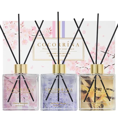 COCORRÍNA Raumduft Reed Diffuser - 3 x 90ml mit 24 Duftstäbchen Kirschblüte/Warme Vanille/Lavendel Thymian, Natürlich, Langanhaltend, Home Duft Zimmerduft für Badezimmer Regal Dekoration COCORRÍNA Raumduft Reed Diffuser - 3 x 90ml mit 24 Duftstäbchen Kirschblüte/Warme Vanille/Lavendel Thymian, Natürlich, Langanhaltend, Home Duft Zimmerduft für Badezimmer Regal Dekoration von COCORRÍNA