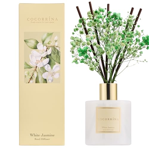 COCORRÍNA Raumduft Reed Diffuser mit 8 Duftstäbchen 200ml, White Jasmine, Natürlich, Langanhaltend, Home Duft ätherisches Öl Reed Diffusor für Badezimmer Regal Dekoration von COCORRÍNA