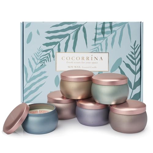 Cocorrína Duftkerzen Set - 6 Stück x 110g (OLIVE FLOWER,CLEAN BURST,SATIN ROSE,EUCALYPTUS & MOSS，PEAR MUSK,LEMON LAVENDER) Natürlichem Soja Wachs, Aromatherapie Kerzen Geschenke Set für Männer Frauen von COCORRÍNA