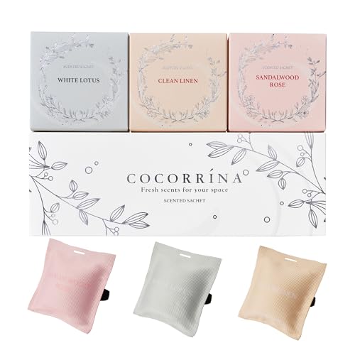 Cocorrína Duftsäckchen Kleiderschrank- Weißer Lotus/Sandelholz Rose/Sauberes Leinen Autoduft Scented Sachet, Auto Lufterfrischer Sachets für Schubladen und Schränke Raumduft(3 Stücke) von COCORRÍNA